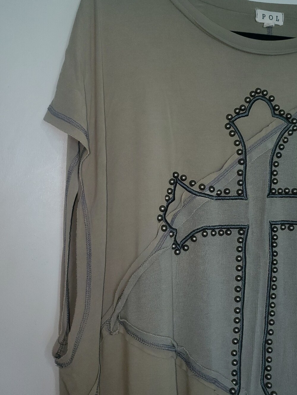 POL Studded Cross Accent Taupe Women's Tee - Picture 4 of 6